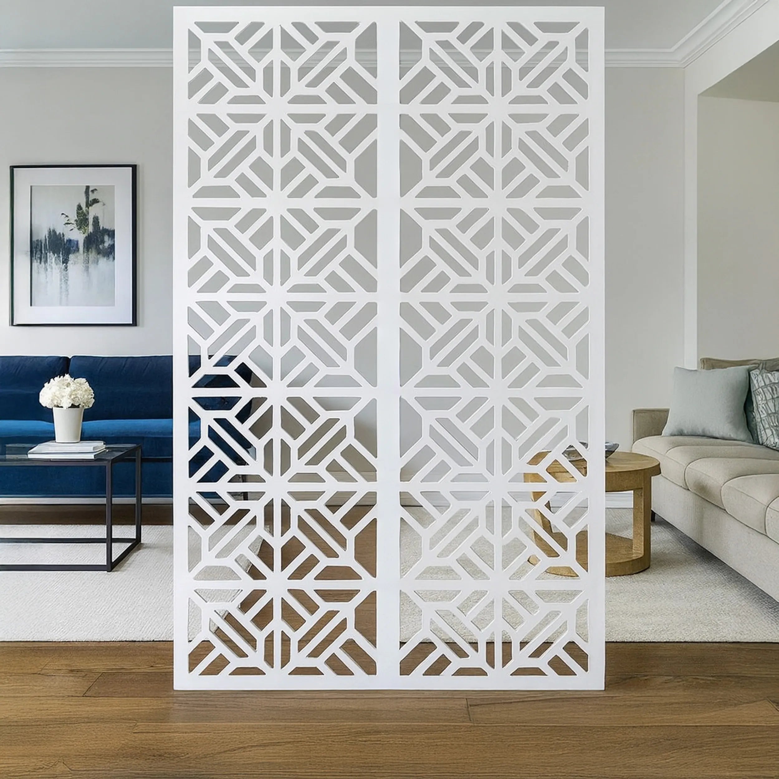 Decorative white screen in a living room setting with furniture and decor.
